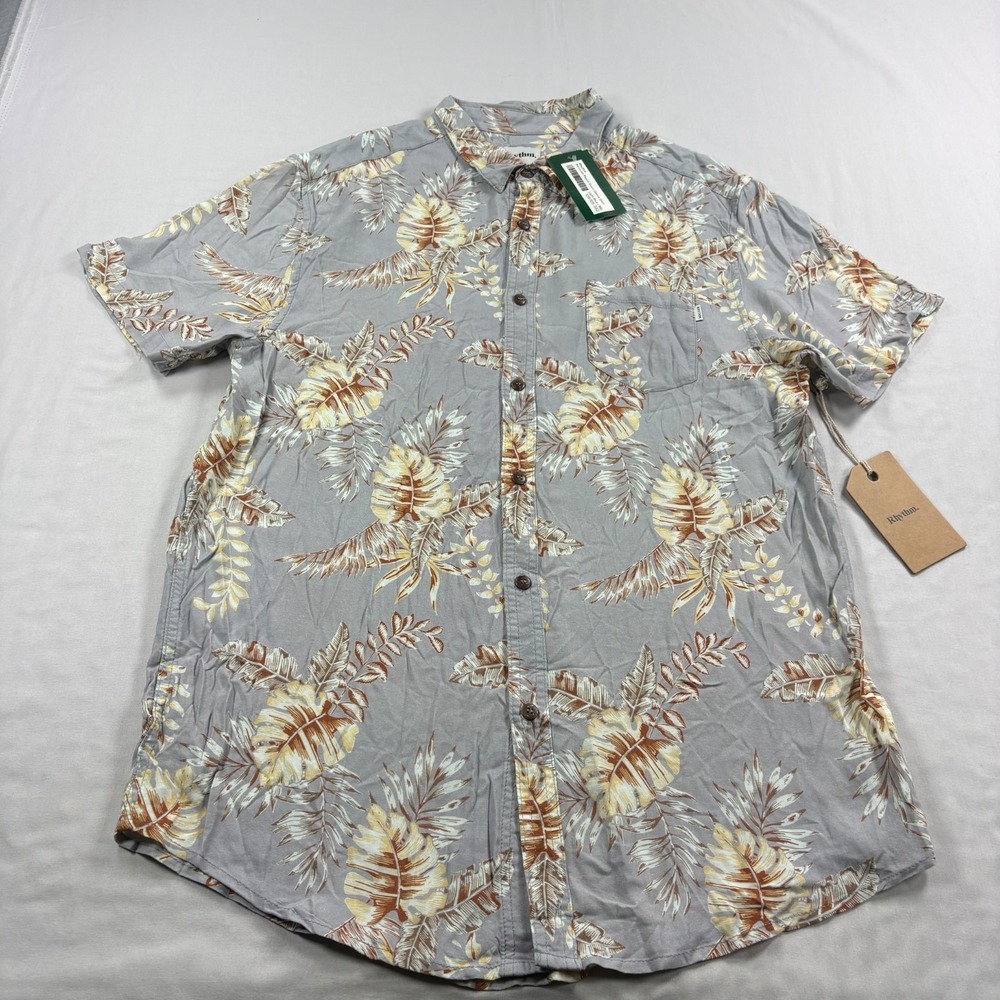 Rhythm Shirt Men 2XL Blue Gray Floral Rayon Button Up Hawaiian Slim Fit Camp NEW